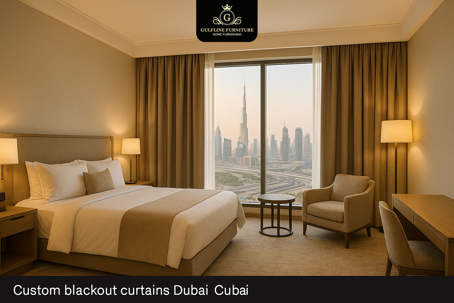 Custom blackout curtains installed in a Dubai hotel room