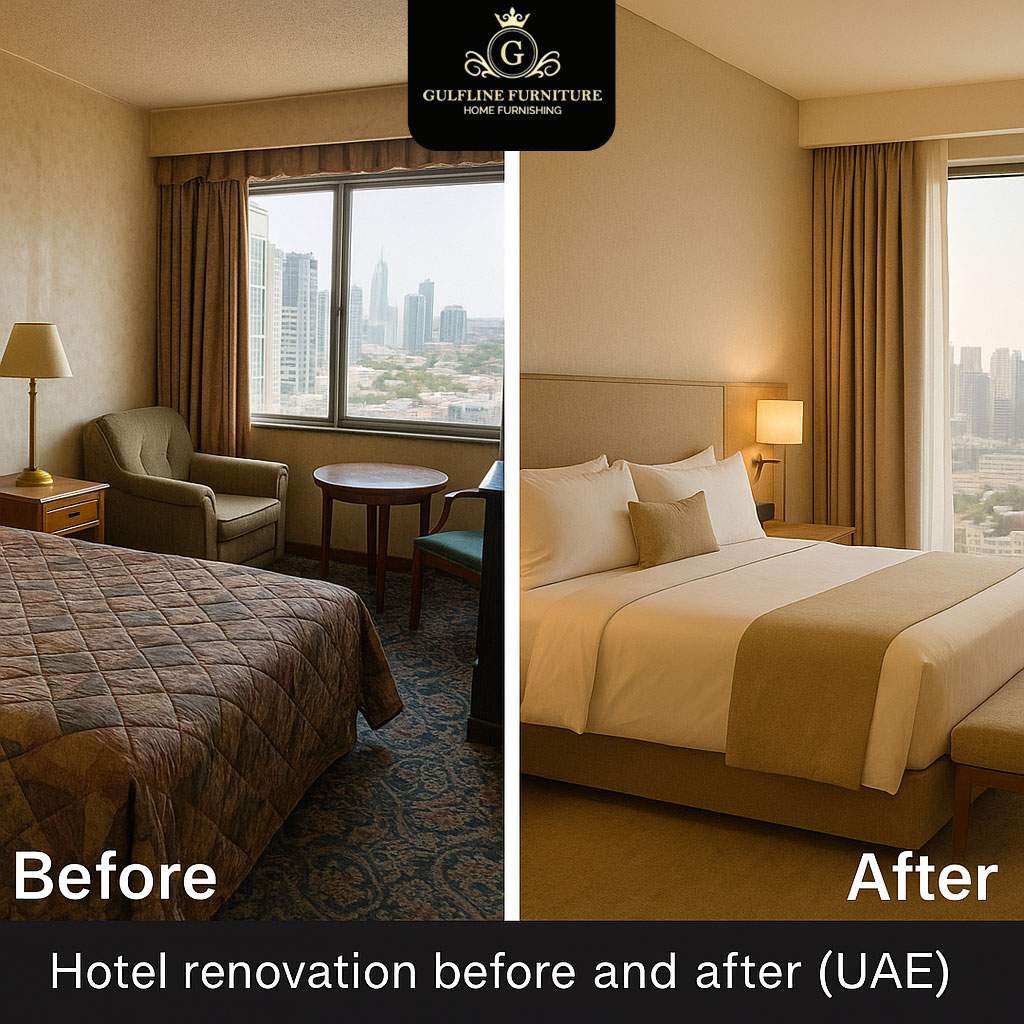 Hotel renovation before and after in the UAE showing complete room transformation